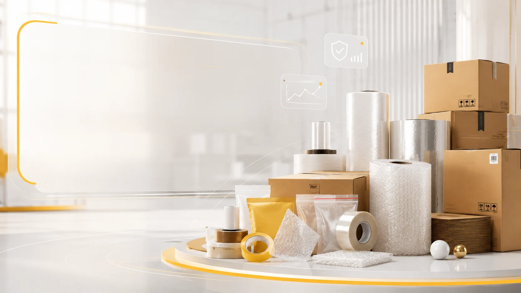 Bright packaging showroom with boxes rolls and protective packaging materials