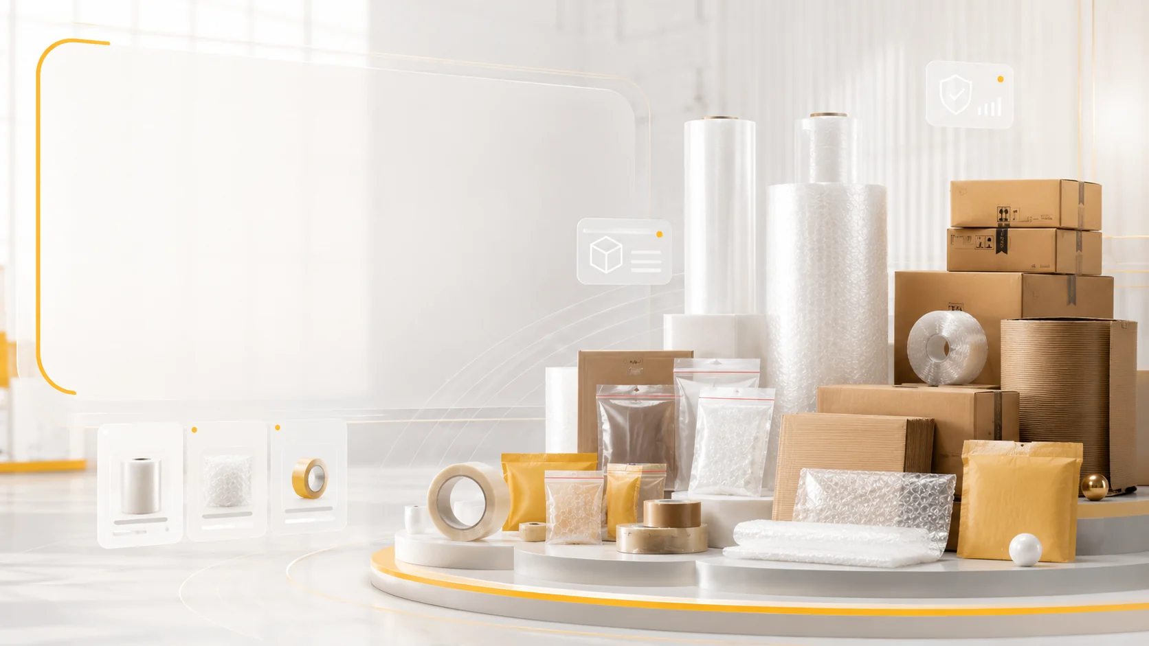 Bright packaging product display with tapes films boxes and protective materials